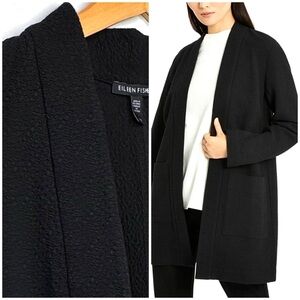 Eileen Fisher Textured Black Open Front
Jacket Cardigan Tencel Organic Cotton. M